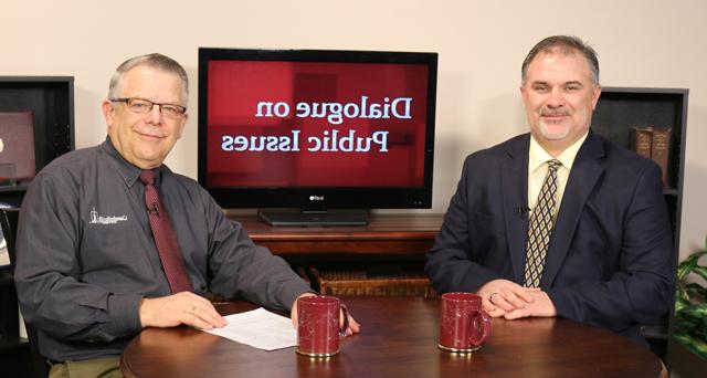 Dr. John Chowning, vice president for church and external relations and executive assistant to the  president of Campbellsville University, right, interviews Kentucky State Rep. John “Bam” Carney,  who represents House District 51, which includes Taylor and Adair counties, for his “Dialogue on  Public Issues” show. 